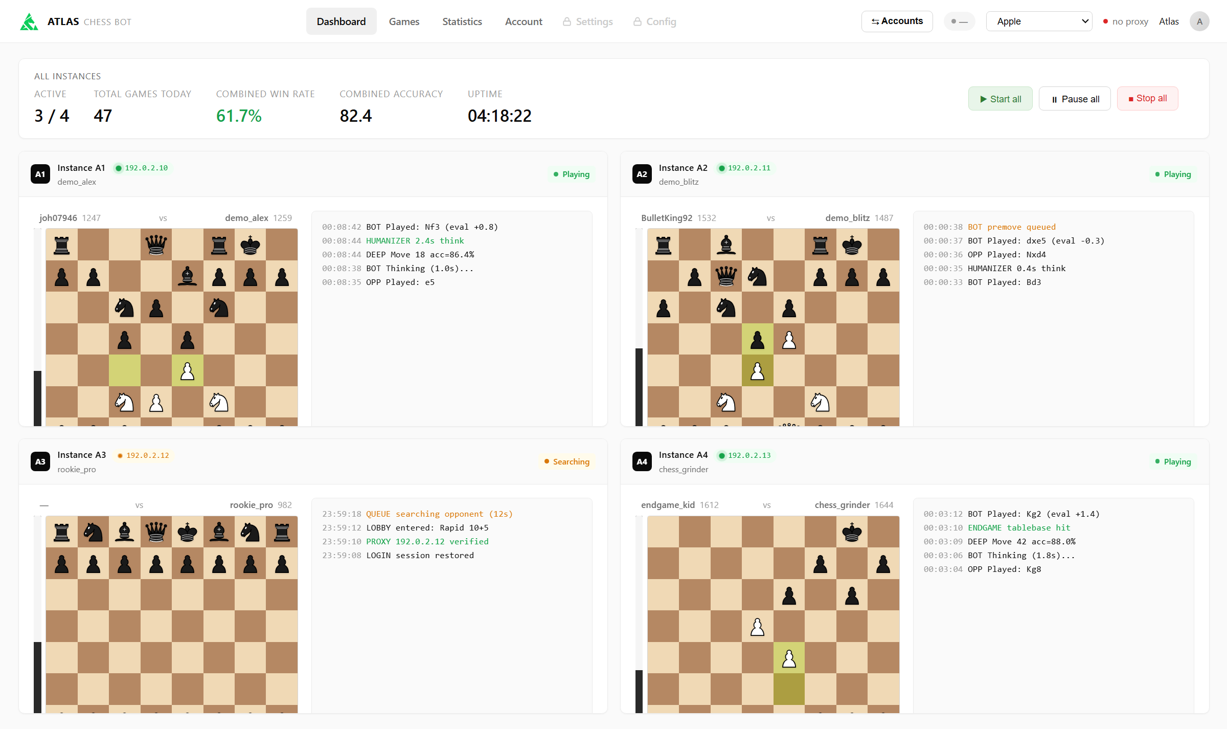 Chesscheats showing live Chess.com games with engine suggestions and human-like thinking times, the same engine and human layer the overlay puts on your own game