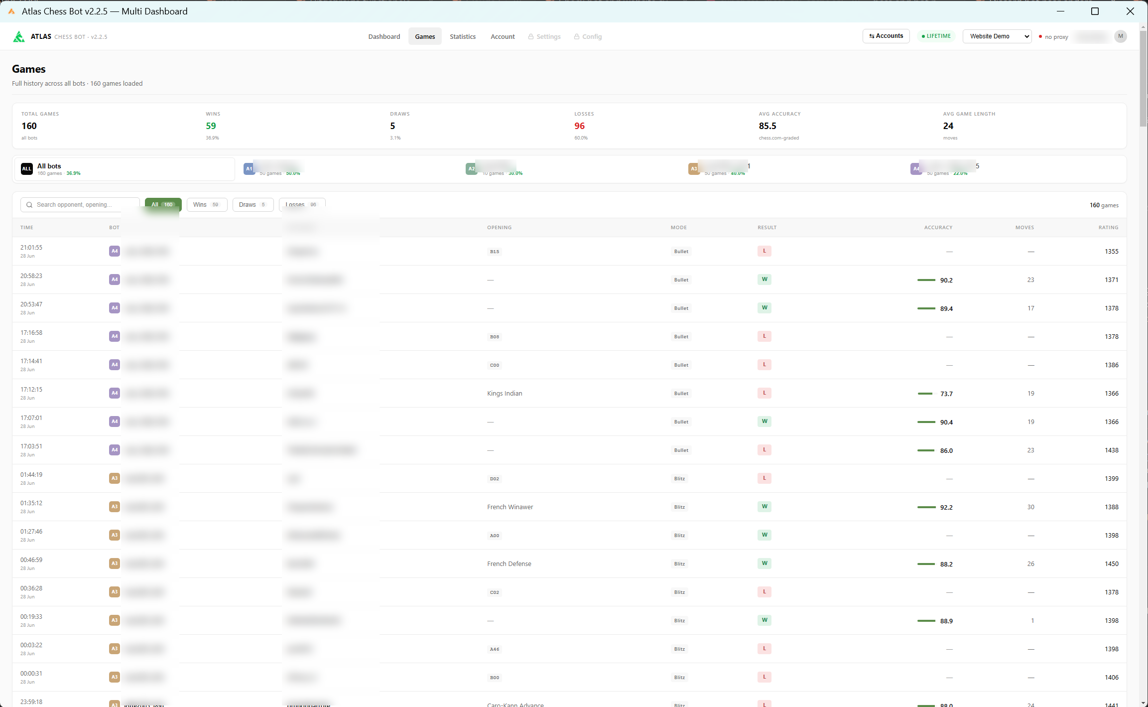 Chesscheats games history for Chess.com showing openings, time controls, accuracy and rating per game across multiple bots