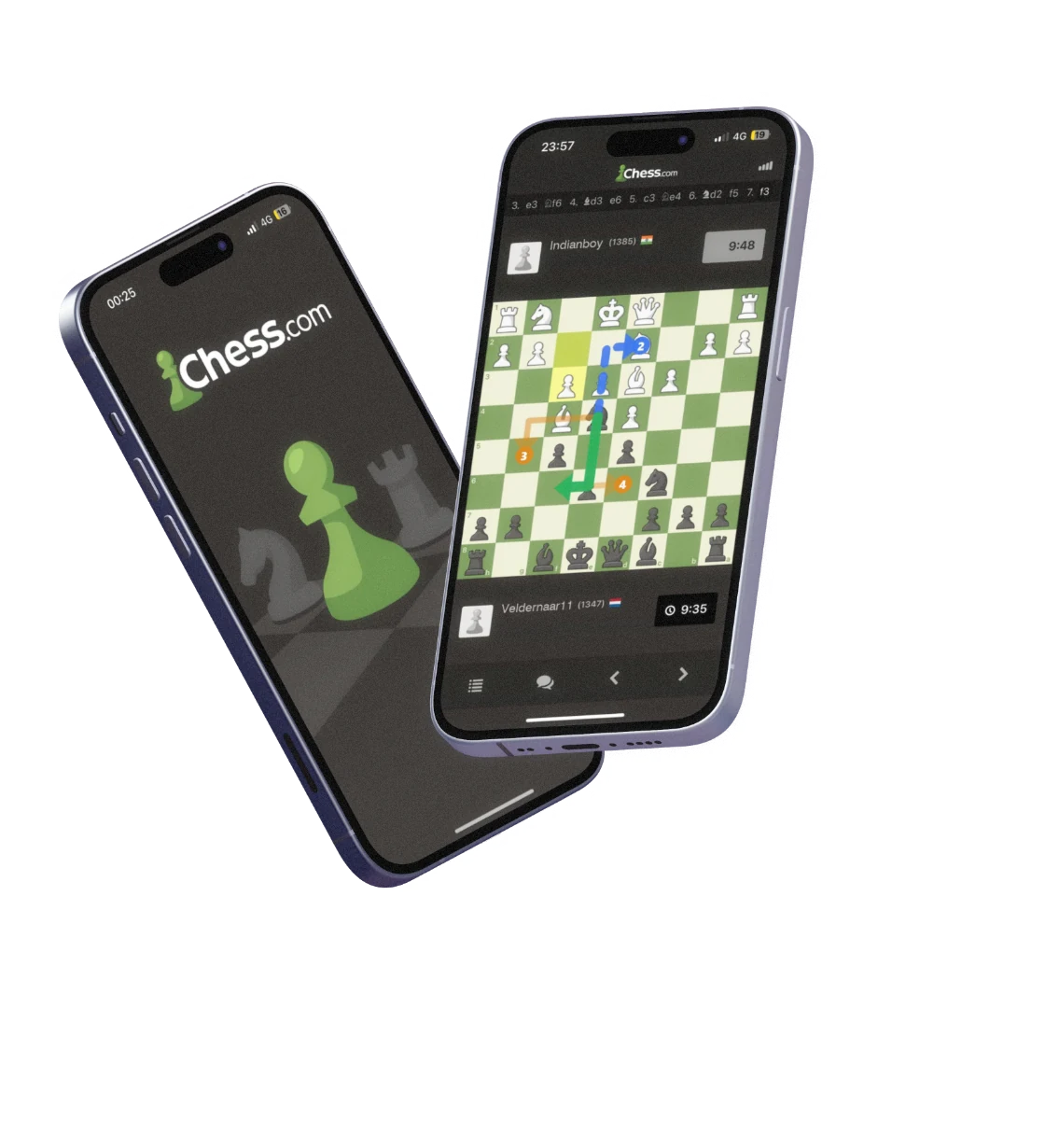 Atlas op twee telefoons: chess.com met de zetpijlen erover