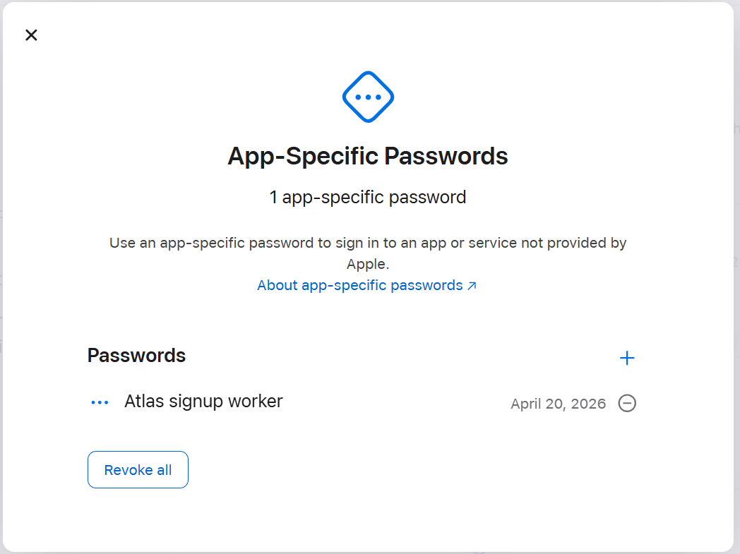 Screenshot: Atlas signup worker entry shown in the password list