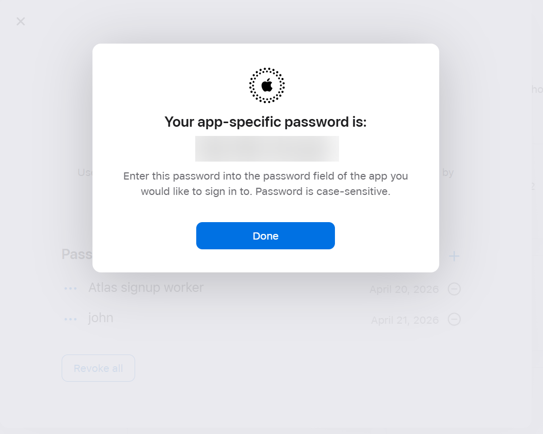 Screenshot: the generated xxxx-xxxx-xxxx-xxxx app-specific password