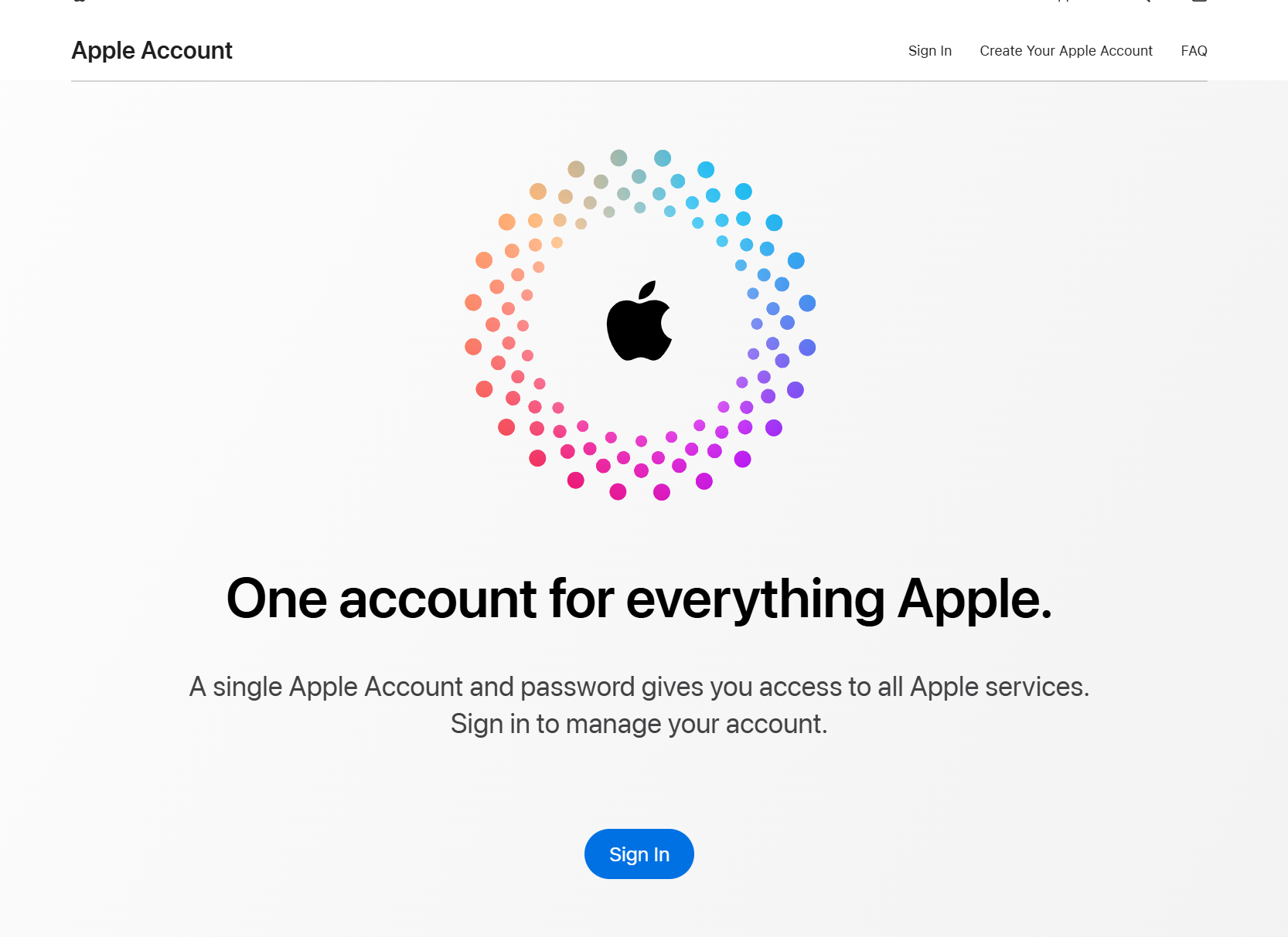 Screenshot: Apple Account landing page with Sign In button